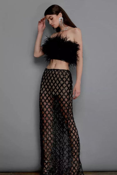 Barbara Black Feather Sequin Bandage Set In Black