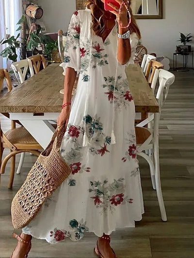 Charlotte - Casual Cotton and Linen Floral Maxi Dress