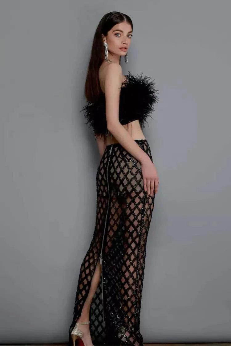 Barbara Black Feather Sequin Bandage Set In Black