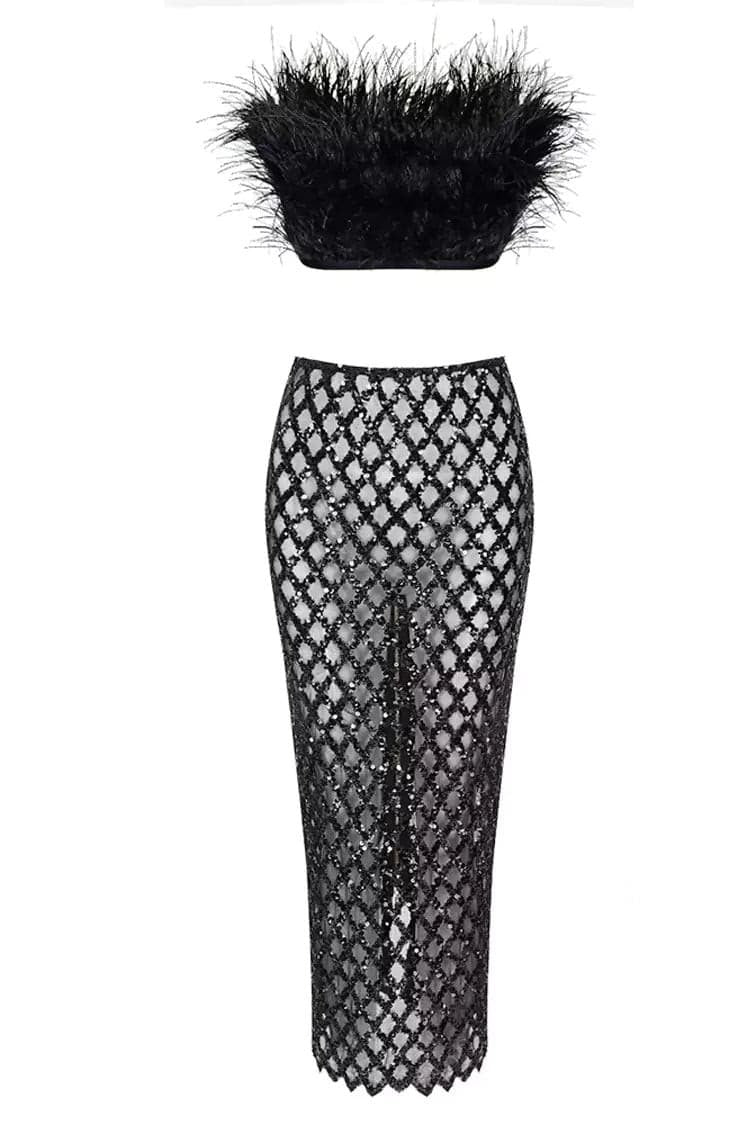 Barbara Black Feather Sequin Bandage Set In Black