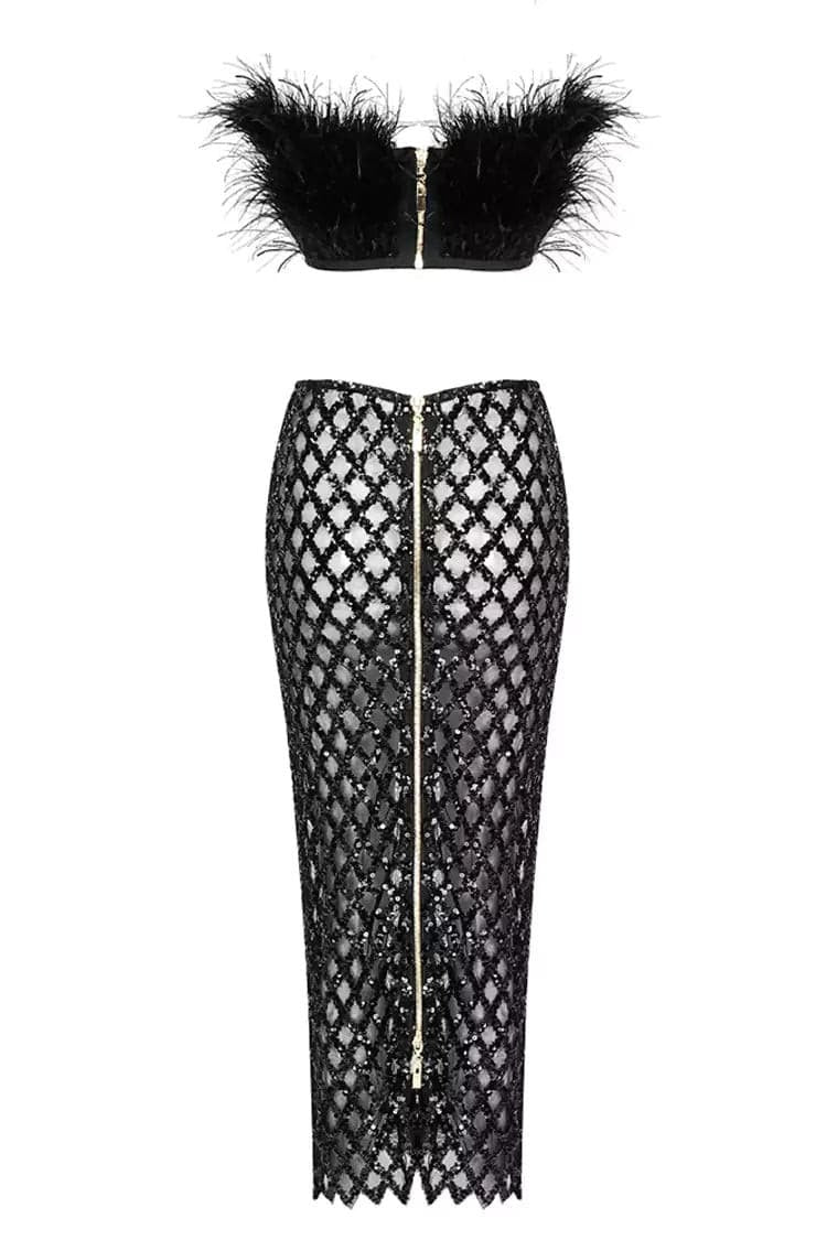 Barbara Black Feather Sequin Bandage Set In Black